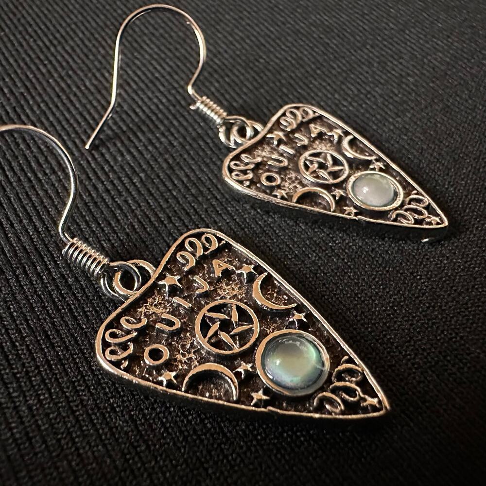 Guitar Pick Witchy Ouija Punk Oxidized Silver Dangle Earrings